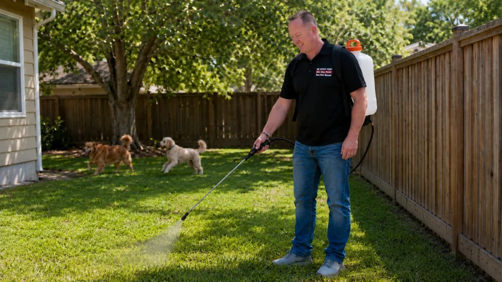 Todd Miller spraying Yard Odor Destroyer on a Sacramento back lawn